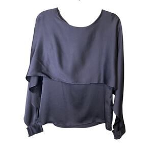 DKNY Navy Satin Drape Blouse with Cuffed Sleeves Ladies Size Medium